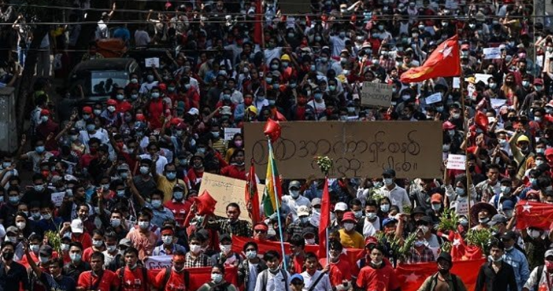 Thousands Rally in Yangon Against Myanmar Coup by Raphael Bichene